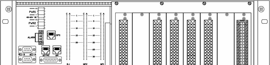 K.2. Vnější a vnitřní kabeláž rámu PCM30U-OCH Přípojná místa pro analogové a digitální kanálové jednotky, napájecí napětí pro hlavní i záložní napáječ a konektory pro připojení rozhraní E1, M,