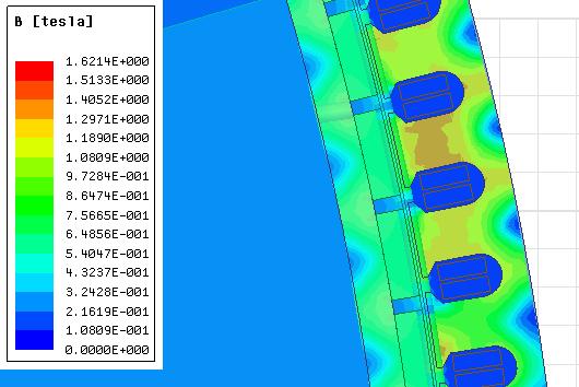 45 Obrázek 15: Rozložení magnetické indukce při stavu naprázdno Na obrázku 15 je rozložení indukce v jednotlivých částech stroje.