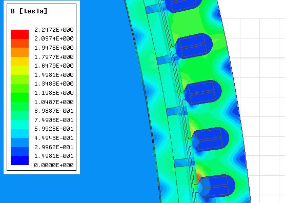 Z obrázku je patrné, že je rozložení indukce ve statorových zubech a statorovém jhu velice nerovnoměrné a záleží na vzájemné poloze zubu a magnetu.
