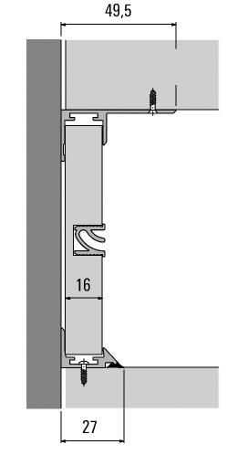 Systém uchytenia zadného panelu, hrúbky 16 mm Spodný upevňovací profil SUD.925.365.61 Povrchová úprava AL1 1 ks / 4,1m Horný upevňovací profil /horné skrinky/ SUD.925.364.