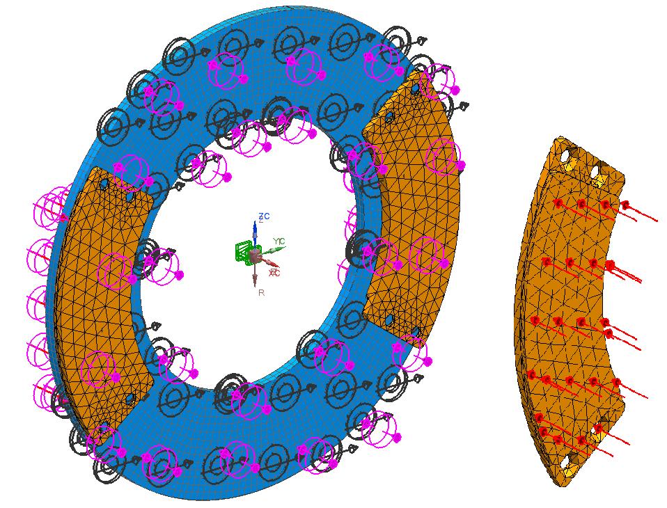 Solid motiton effect Thermal cupling Convection Thermal load Obrázek 50- Graficky znázorněné okrajové podmínky Pro výpočet přechodného děje v jednotlivých časech bylo nastaveno otáčení kotouče brzdy