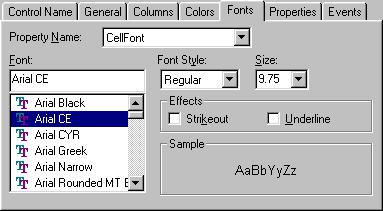 Fonts Stránka vlastností Fonts slouží k nastavení vlastností písma, kterým jsou vypsány záhlaví sloupců a obsah buněk tabulky DBView.