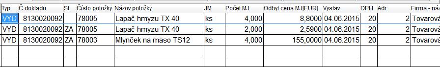 DEL Oprava údajov (cena a počty) cez kláves E.