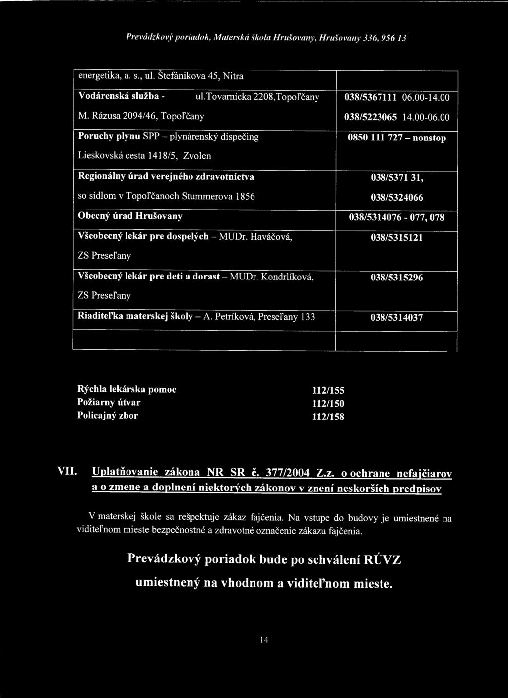 00-14.00 038/5223065 14.00-06.00 0850 111 727 - nonstop 038/5371 31, 038/5324066 Obecný úrad Hrušovany 038/5314076-077, 078 Všeobecný lekár pre dospelých - MUDr.