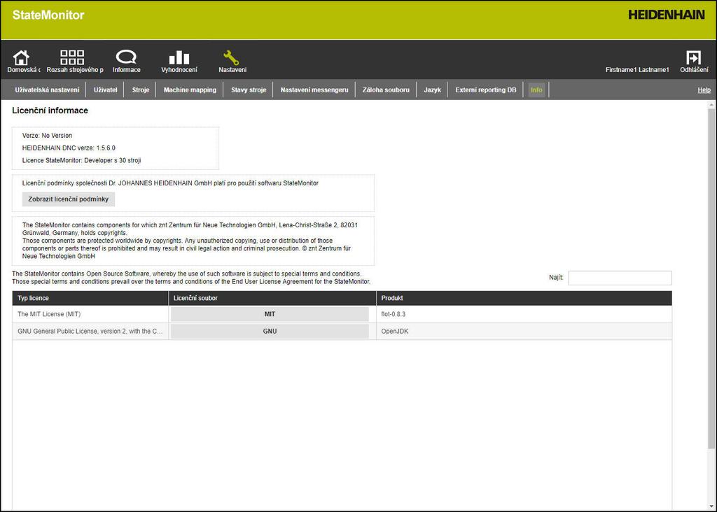 7 Nabídka Nastavení Podmenu Info 7.11 Podmenu Info V položce menu Info najdete Licenční informace a právní informace k softwaru.