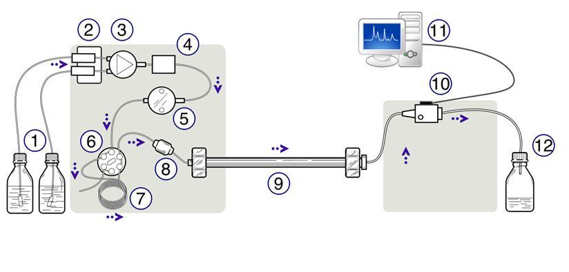 Obr. 13: Schéma kapalinového chromatografu:(1) zásobníky mobilní fáze, (2) odplyňovač mobilní fáze, (3) ventil pro řízení složení mobilní fáze, (4) směšovací zařízení, (5) vysokotlaká pumpa, (6)