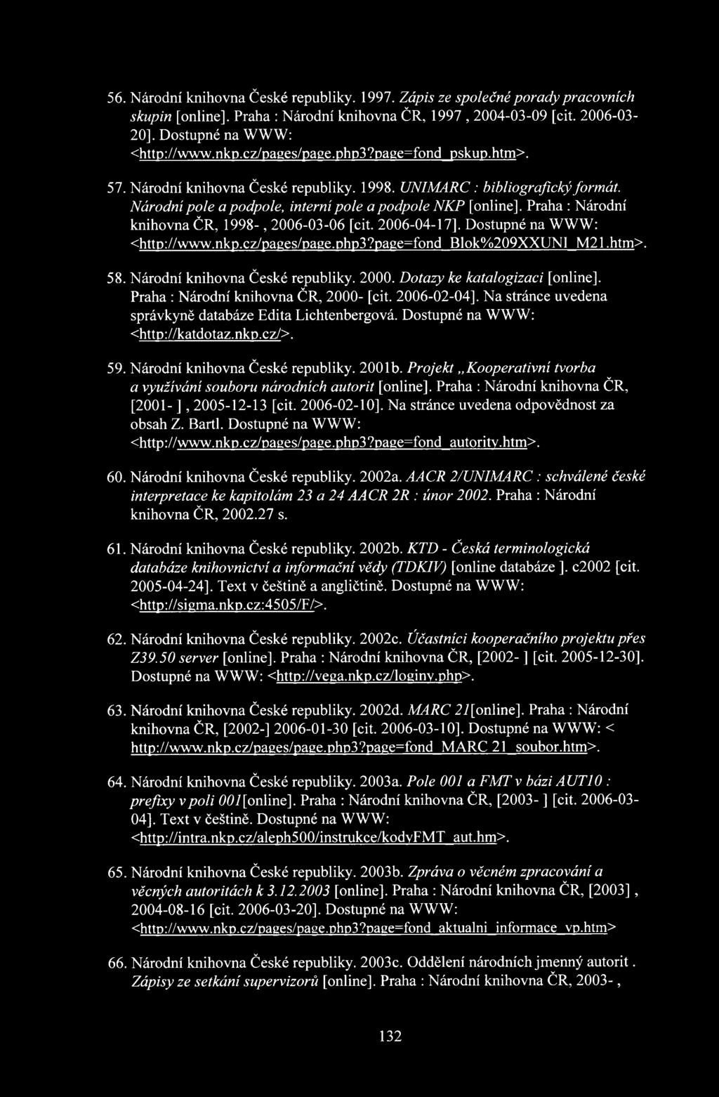 Praha : Národní knihovna ČR, 1998-, 2006-03-06 [cit. 2006-04-17]. Dostupné na WWW: <http://www.nkp.cz/pages/page.php3?page=fond Blok%209XXUNI M21.htm>. 58. Národní knihovna České republiky. 2000.