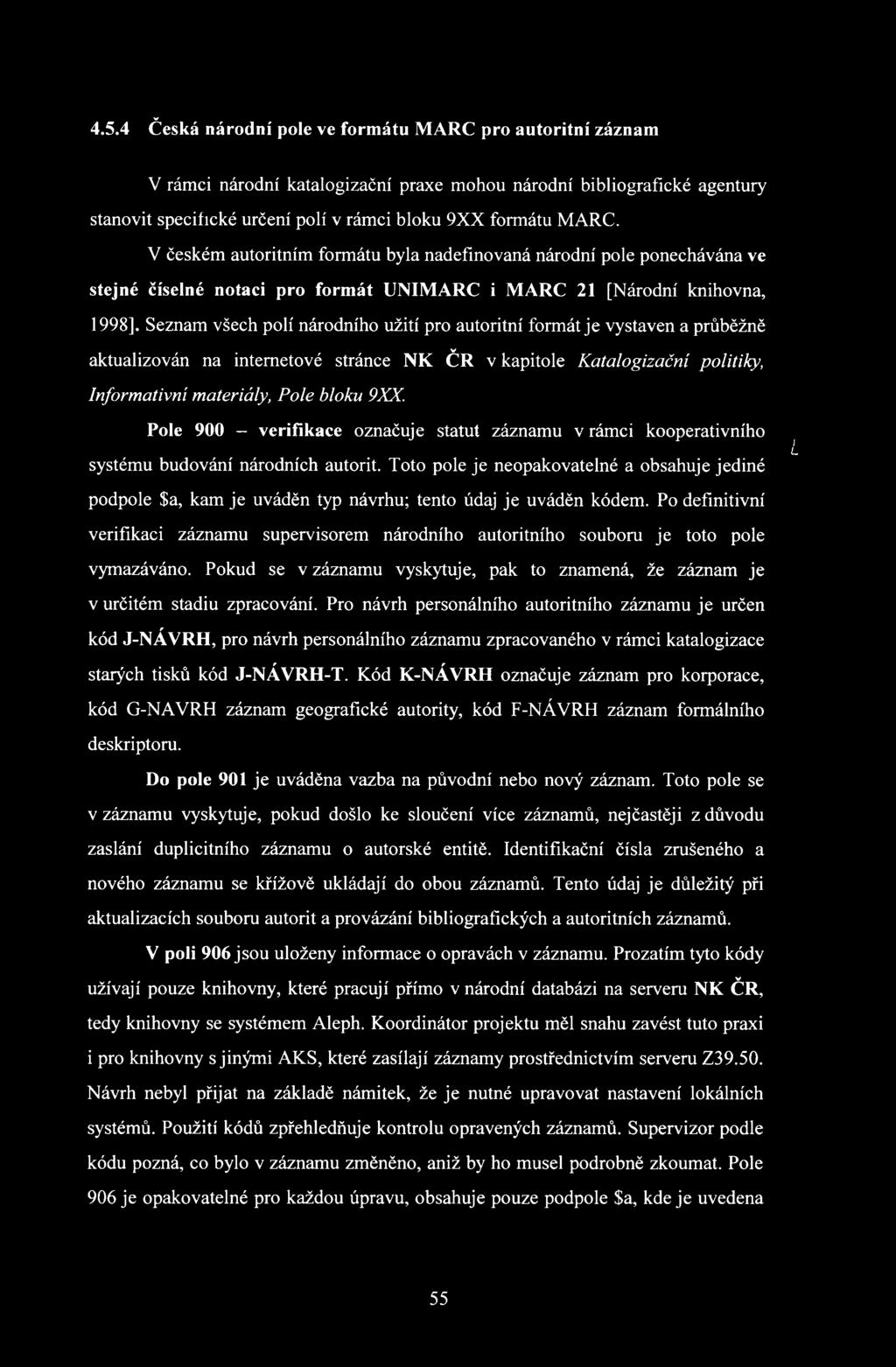 Seznam všech polí národního užití pro autoritní formát je vystaven a průběžně aktualizován na internetové stránce NK ČR v kapitole Katalogizační politiky, Informativní materiály, Pole bloku 9XX.