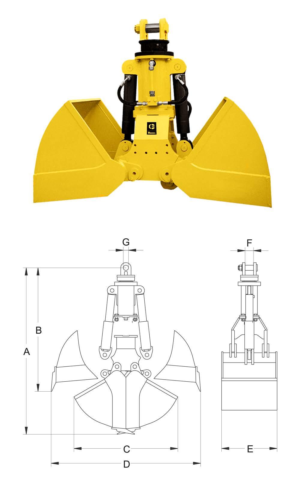 HCD 17 HYDRAULICKÝ ČELISŤOVÝ DRAPÁK 12 Hydraulický čelisťový drapák s obdélníkovými čelistmi v provedení se šroubovanou dělenou nosnou částí.