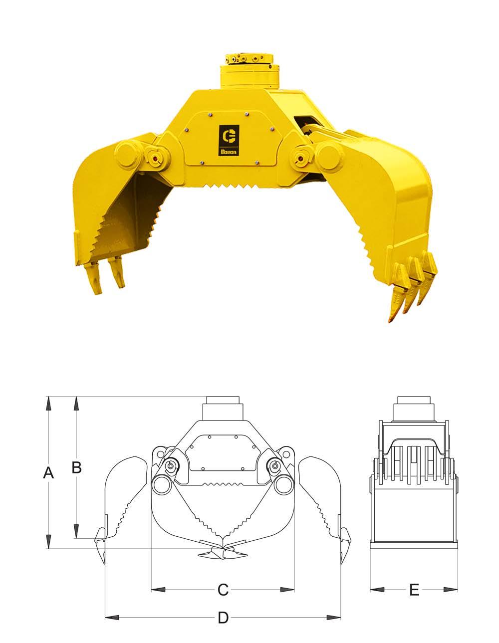 HCU 15 HYDRAULICKÝ ČELISŤOVÝ DRAPÁK 17 Univerzální hydraulický čelisťový drapák s obdélníkovými čelistmi v provedení s nedělenou nosnou částí.