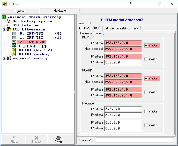 10 ETHM-1 Plus SATEL Obr. 6. Program DLOADX: tabulka Filtr IP. IP Adresa pokud není zvolena volba MASKA: vložte adresu, ze které se lze připojit k ethernetovému modulu.