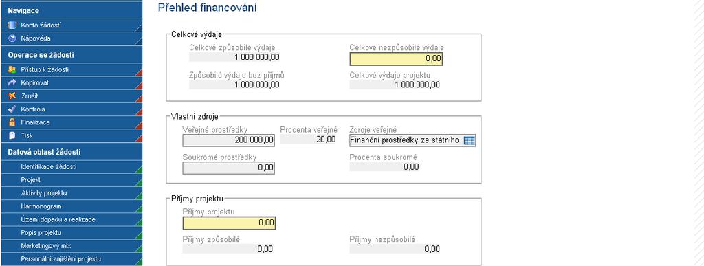 3.22. Přehled financování Celkové nezpůsobilé výdaje uveďte částku v Kč, která představuje součet všech výdajů projektu, které nejsou způsobilé pro financování ze strukturálních fondů EU a SR.