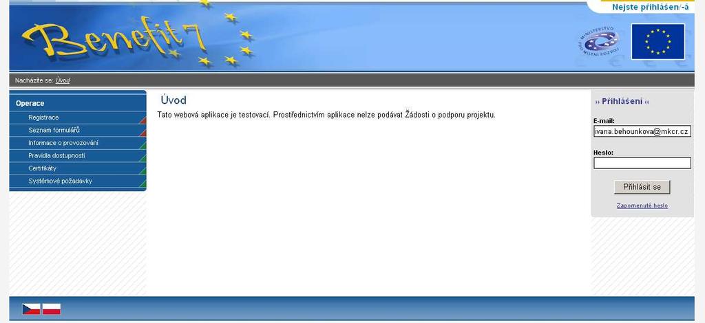 2. Úvodní stránka Po spuštění aplikace pomocí internetové adresy se otevře nabídka Úvod.