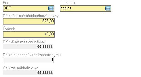 Příklady vyplnění realizačního týmu: Příklad 1) Forma Pracovní smlouva Úvazek 0,3 Sazba za měsíc 45 000,- Kč Celkem na projektu 24 měsíců Příklad 2) Forma DPČ Úvazek 240 hod/ projekt Sazba za