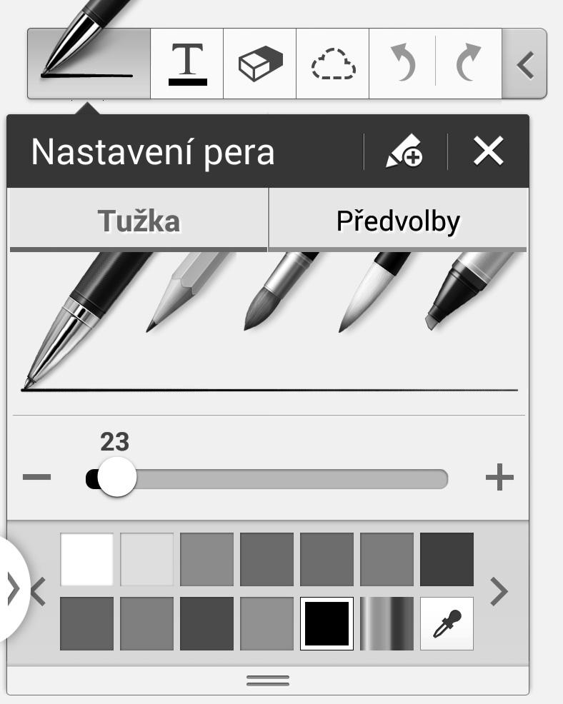 Nástroje Změna typu pera. Uložení aktuálního nastavení jako profilu pera. Změna tloušťky čáry. Změna barvy pera. Přidejte novou barvu podle nástroje pro výběr barev.
