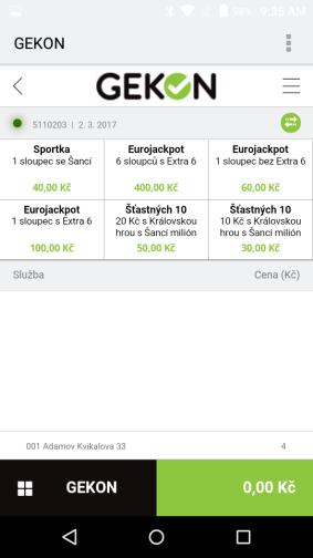 Prodej loterií pokladní buď vybere požadovanou sázku z oblíbených sázek v žurnálu nebo stiskne tlačítko GEKON vybere příslušnou hru následně zvolí konfiguraci dle požadavku zákazníka