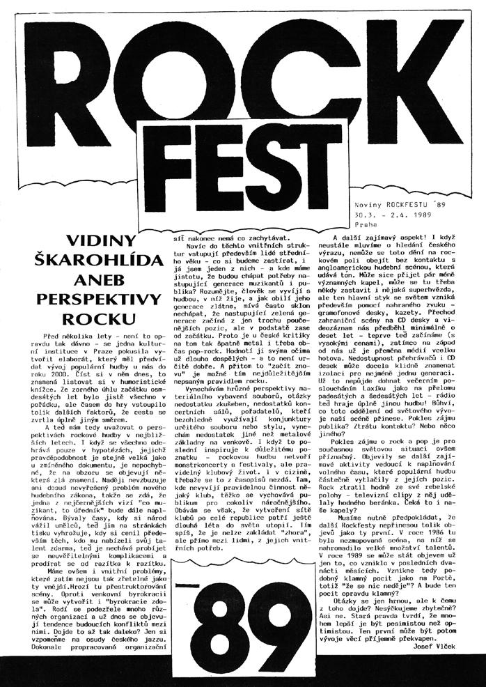 Martin Valenta STUDIE 300 Úvodní strana novin finálového kola Rockfestu 1989.