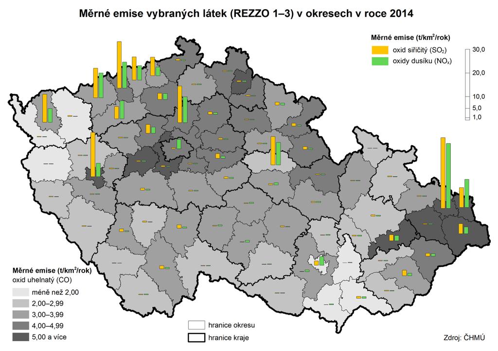 Emise oxidu uhelnatého klesají V letech 21-213 se v kraji postupně snižovaly emise oxidů dusíku.