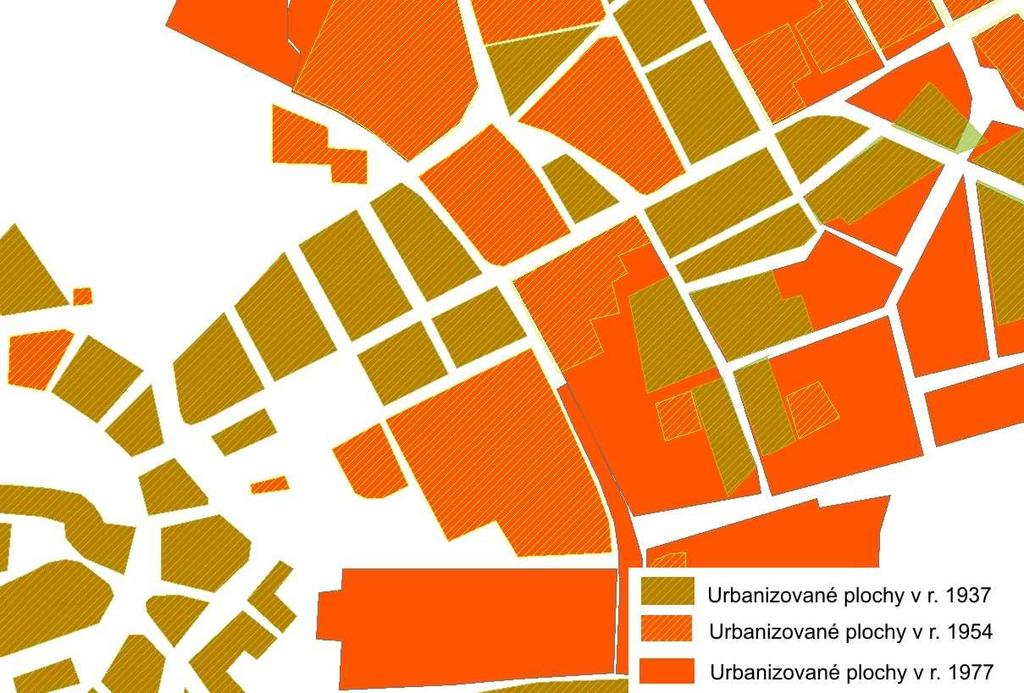 Obrázek 25 Urbanizované plochy (bez komunikační sítě a veřejných prostor) na území města Hradce Králové v letech 1937, 1954 a 1977 - výřez, Zdroj: Vlastní konstrukce Výsledkem zdlouhavé práce je