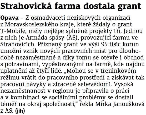 Strahovická farma dostala grant 25.11.2016 Moravskoslezský deník str.