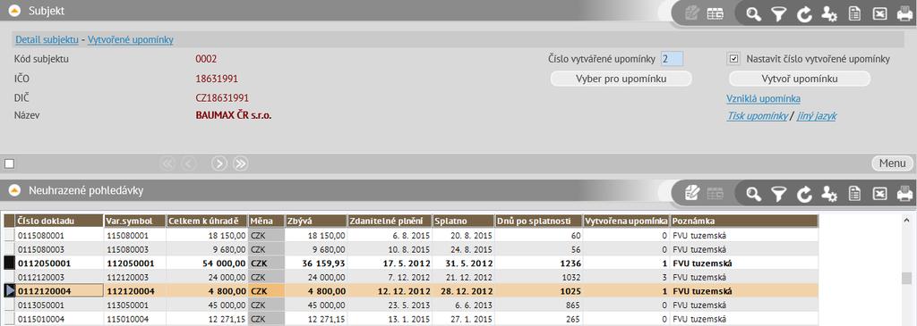 Upmínky Upmínky služí k vytváření, evidenci a tisku upmínek k neuhrazeným dkladům phledávek u každéh subjektu zvlášť, d jedné upmínky lze vybrat libvlné z dsud neuhrazených phledávek příslušnéh