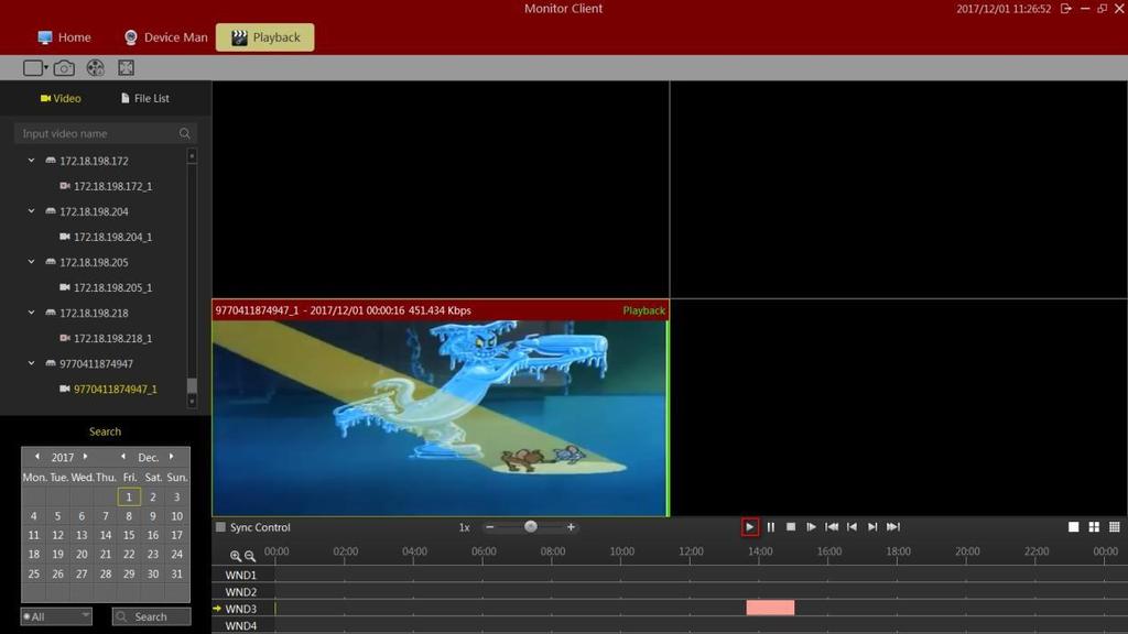 2.2.2.4.3 Přehrávání videa Hlavní menu-vzdálené přehrávání Klepnutím na tlačítko přehrávání (v časové ose, viz červené označení na obr.) spustíte přehrávání videa aktuálně vybraného okna.