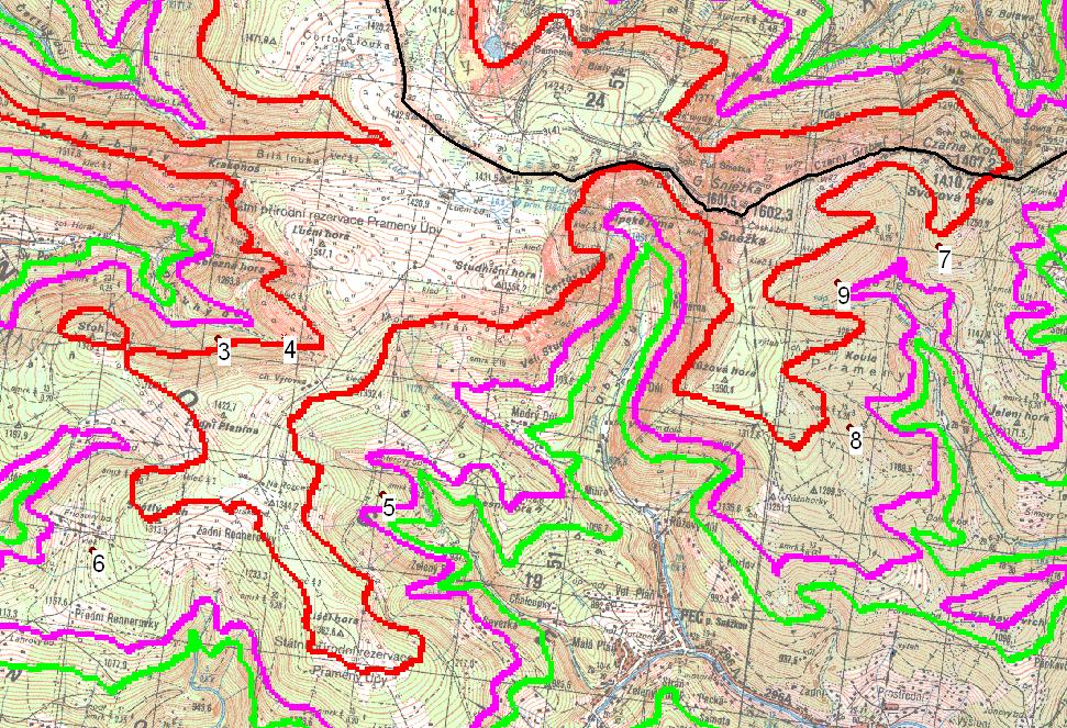 Obr. 6. Lokalizace modelových ploch ve východních Krkonoších.