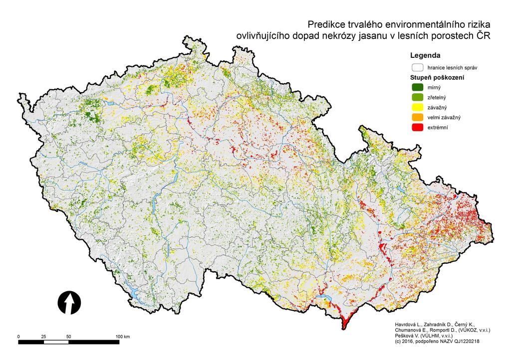 Obr. 1. Predikce potenciálního současného poškození lesních porostů ČR nekrózou jasanu Obr. 2.