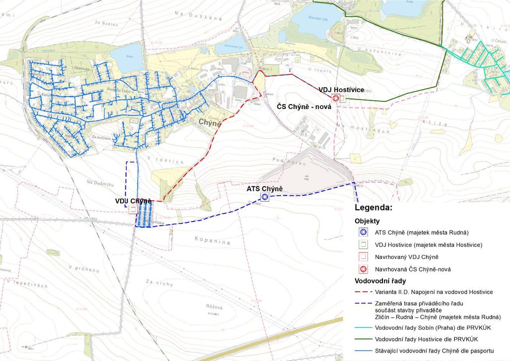 4.2.5. Varianta II.D Napojení na vodárenský systém města Hostivice Původně se pro zásobení obce Chýně využívaly místní zdroje, které zároveň sloužily pro zásobení města Hostivice.