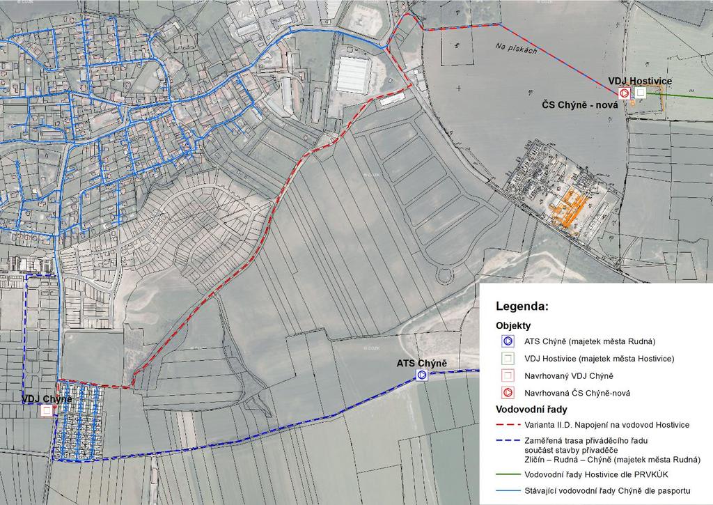 Alternativně lze pro čerpání vody z VDJ Hostivice do navrhovaného VDJ Chýně využít část původního zásobního řadu PVC 160 (pouze krátký úsek od VDJ Hostivice k první vodovodní přípojce, a to za