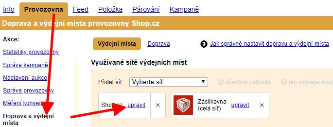 Se vám zobrazí okno, kde máte prodejny a dané hodnoty pro SHOP_DEPOTS.