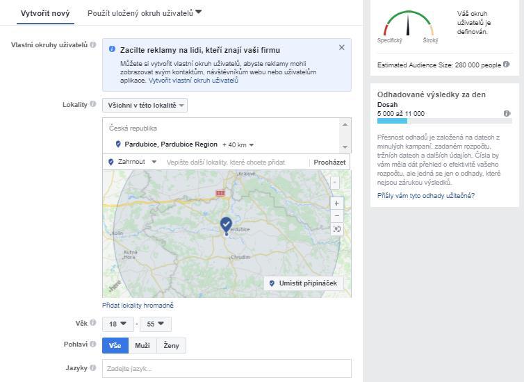 Reklama byla určena s cílením na lokalitu Pardubic v okruhu 40 kilometrů. Zároveň byla propagace omezena na uživatele dle cílového publika mužů i žen ve věkovém rozmezí 18 55 let (obrázek 8).