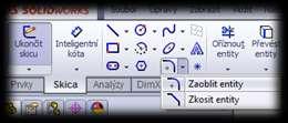 Z karty skica použijte ikonu/příkaz Zaoblit entity.