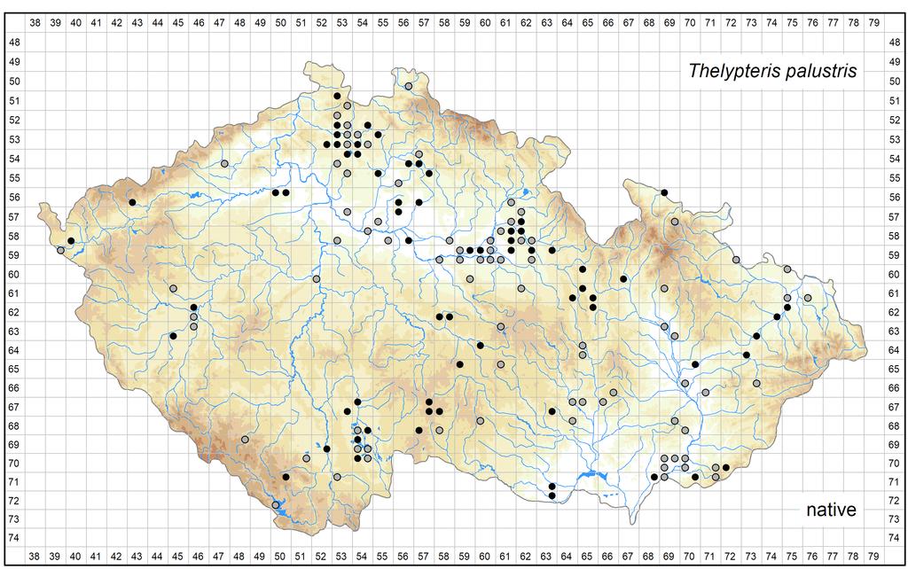 Distribution of Thelypteris palustris in the Czech Republic Author of the map: Libor Ekrt Map produced on: 08-08-2017 Database records used for producing the distribution map of Thelypteris palustris