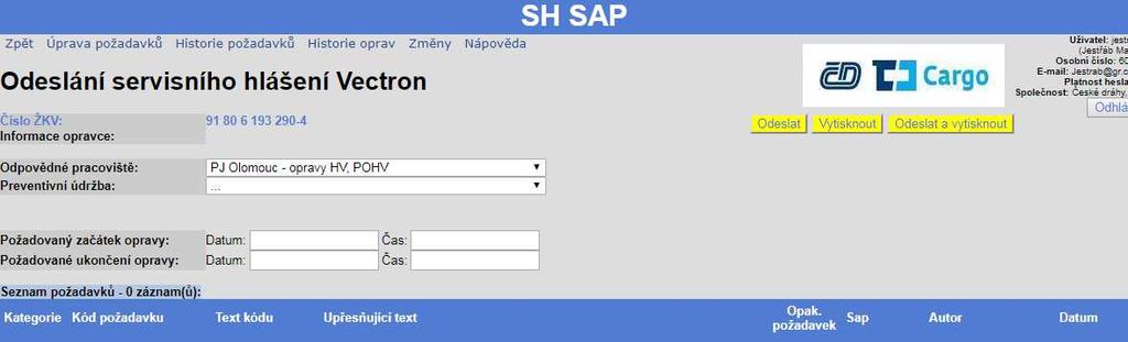 Vzhled obrazovky odeslání servisního hlášení pro vozidla se statusem NJOU v SAP PM Volba preventivní údržba -