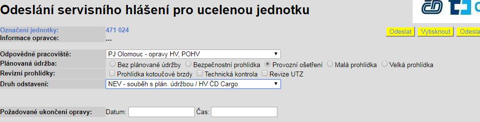 V okně k odeslání hlášení na údržbu vidí pracovník provozu vyjádření také a může se i zde rozhodnout jestli požaduje konkrétní opravu do hlášení zahrnout, nebo ne.