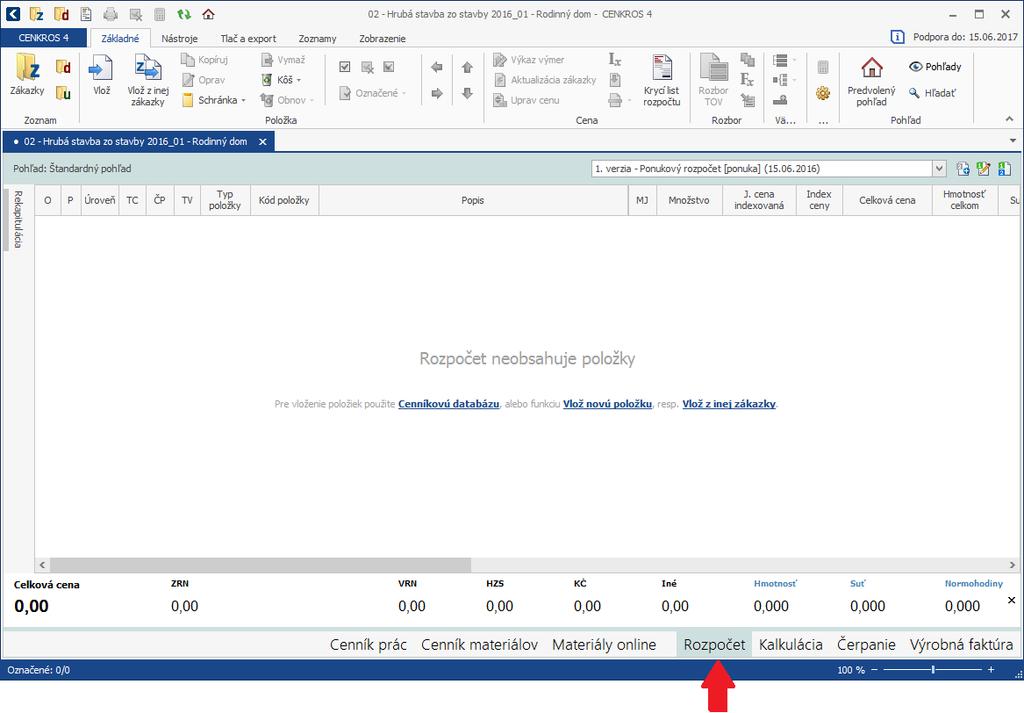 PROGRAM CENKROS 4 15 V hornej časti okna Rozpočtu sa nachádza panel s nástrojmi, pomocou ktorých môžete spustiť rôzne funkcie, napr. vloženie, opravu alebo výmaz položky.