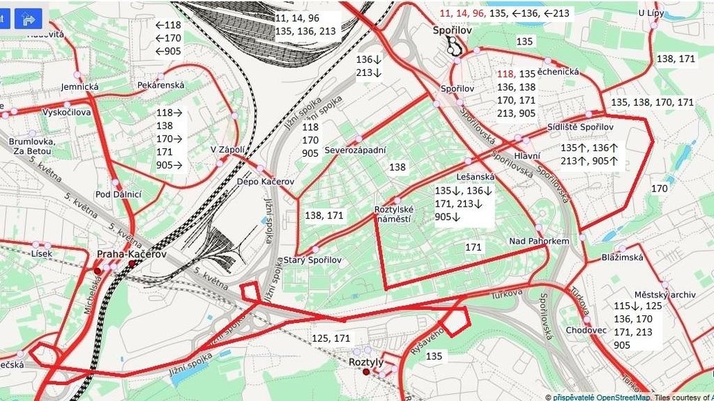 2.2 arianta I změny linkového vedení MHD v lokalitě Spořilov Obrázek 13 charakterizuje variantu I návrhu linkového vedení městských linek MHD v městských částích Prahy 4, 10 a 11.