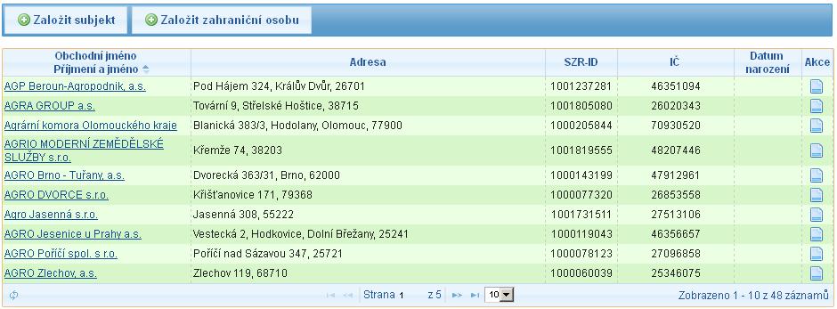 Obrázek 6. Seznam vyhledaných subjektů Založení subjektu Pokud se nepodařilo dle zadaných kritérií subjekt vyhledat a identifikovat, pravděpodobně nebyl dosud v registru založen.