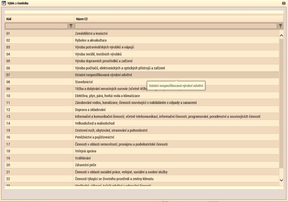 Kategorie intervencí Na této záložce se jednotlivá data vybírají z předdefinovaných seznamů. Konkrétně pak: 1. Tematický cíl - Posílení výzkumu, technologického rozvoje a inovací 2.