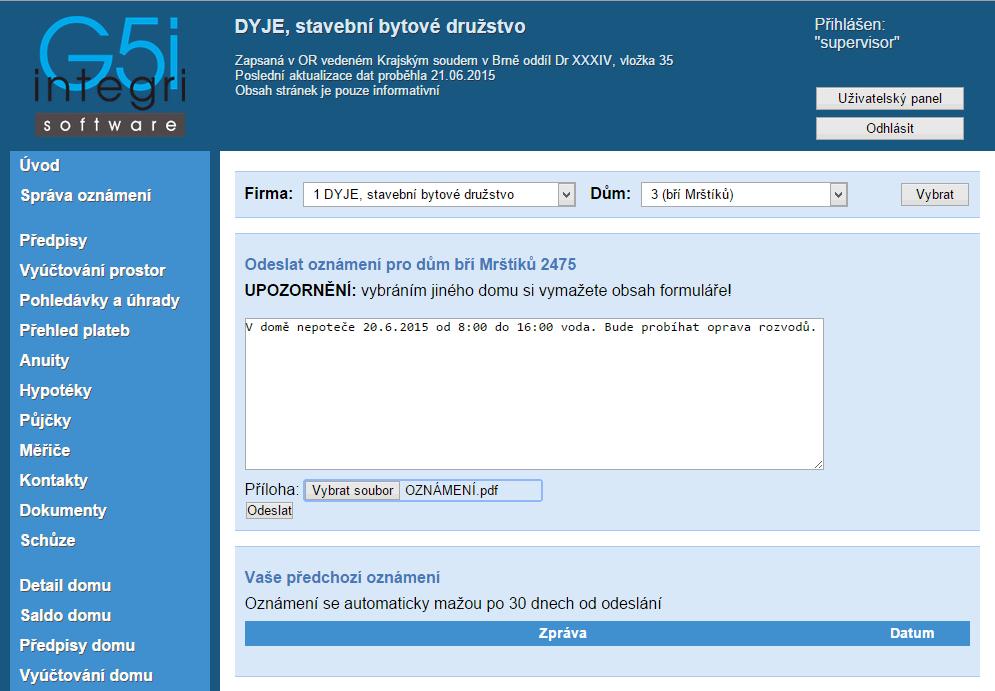 Odeslat - oznámení se odešle na internet Zpráva