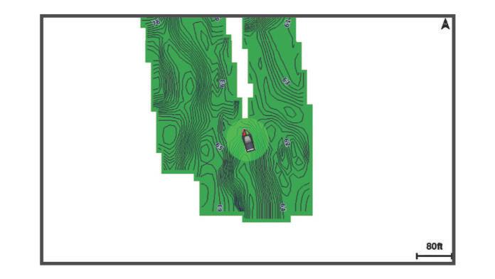 Na zařízení můžete zaznamenat přibližně 1 500 hodin dat. Mapování vodní plochy pomocí funkce Garmin Quickdraw Contours Povrchový šum À vzniká rušením mezi sonarovou sondou a vodou.