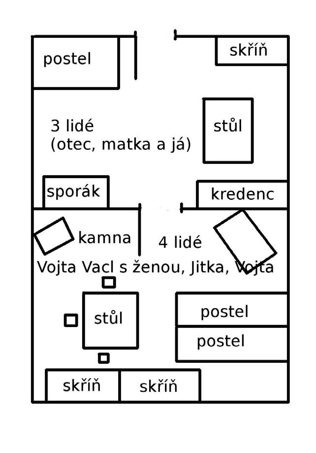 Plánek přední části cihlového domu v Ochozi č. p. 58 (Vánoce 1944). Dne 27.