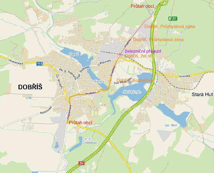 4. Stávající stav průtahu Silniční doprava Základní charakteristiky průtahu Průtah městem Dobříš je dlouhý necelé 4 km, je tvořen z velké části silnicí II/114.