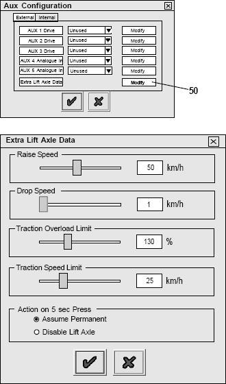 Nabídka zvedání nápravy (Lift Axle data menu) K zobrazení parametrů klikněte na tlačítko (50) upravit (Modify). Objeví se následující obrazovka.