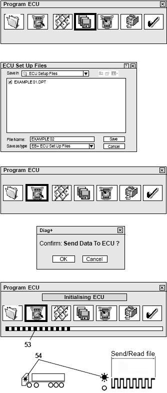 Uložení parametrů ECU Možnost 1 Uložení parametrů ECU na disk Klikněte na tlačítko Objeví se následující obrazovka. Název souboru musí být zadán do pozice File Name a může být uložen např.