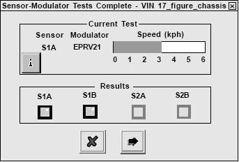 Test senzor modulátor Otočte každým kolem o 1 otáčku za 2 vteřiny. Otáčené kolo by mělo být automaticky zabrzděno. Výsledek testu: ŽLUTÁ ukazuje, že se kolo pohnulo.