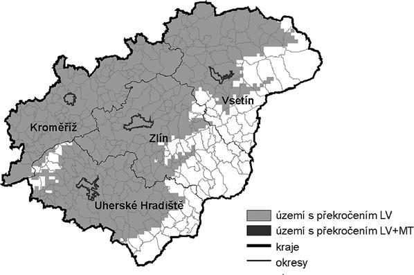 Obrázek 1: Území, na kterém došlo v roce 2005 k překročení imisního limitu (LV) nebo imisního limitu navýšeného o mez tolerance (LV+MT) pro alespoň jednu ze sledovaných znečišťujících látek, bez
