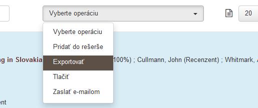 Obrázok 20: Operácia Exportovať 2. Otvorí sa okno s možnosťami výberu typu formátu (ISBD, minimálne ISBD, ISO 690 a XML CREPČ) a typu súboru (TXT, RTF, PDF a XLS).