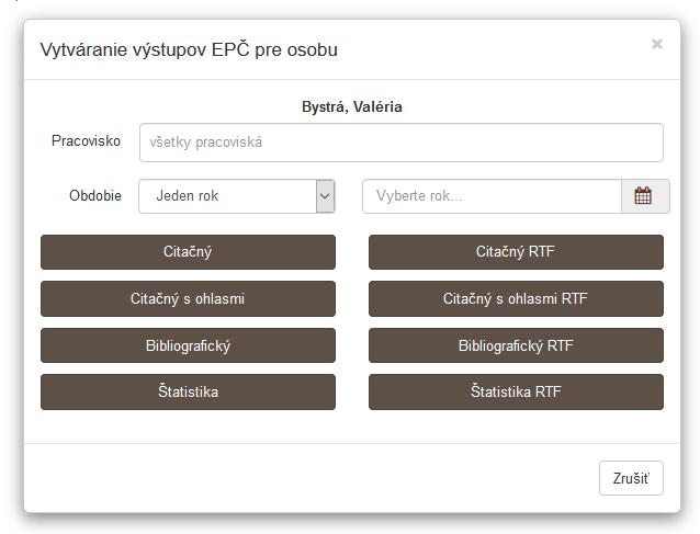 Obrázok 25: Nastavenie parametrov výstupu publikačnej činnosti autora 5.